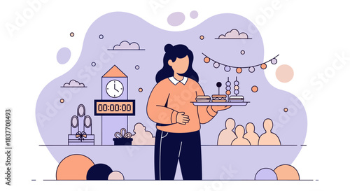 Modern flat vector illustration showing a dedicated professional woman serving a tray of gourmet appetizers or snacks at a festive social event. The background features a large countdown clock and a c