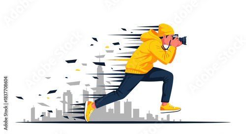 A dynamic illustration features a photographer in a yellow hoodie, running at high speed with a camera, symbolizing quick action and rapid capture.