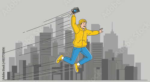 An energetic photographer leaps joyfully through the modern urban skyline, capturing dynamic city moments with his trusty camera.