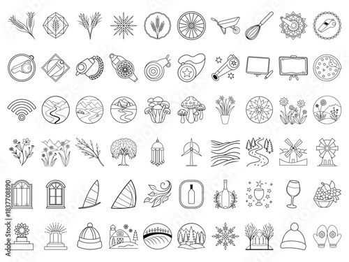 Massive Outline Coloring Pack: Holiday, Architecture, Nature, Food, Beauty, Farm & Construction Line Art Vector
