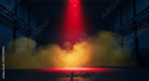 Mysterious Red Spotlight Illuminating Smoky Hangar Interior at Night