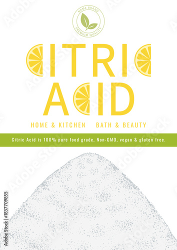 Packaging design of citric acid in minimalistic clean and fresh style. Product name and information blocks.