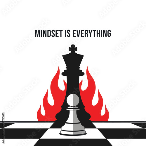 Chess pawn in front of king with flames symbolizing mindset is everything.