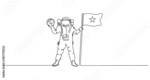 Continuous Line Drawing of an Astronaut Floating in Space,Continuous Line Drawing of Astronaut Waving in SpacOne continuous line drawing of space astronaut,