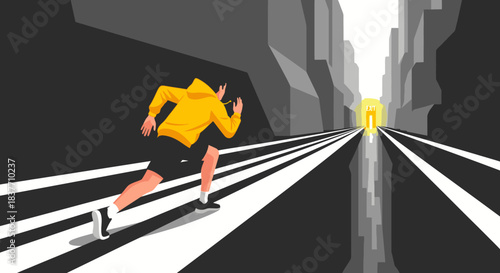 A focused person in a vibrant yellow hoodie sprints along a stark, abstract city street, moving purposefully towards a luminous golden archway, symbolizing opportunity ahead.