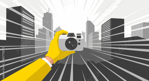 A vibrant yellow-gloved hand holds a classic camera, ready to capture the dynamic, monochromatic cityscape speeding by, symbolizing urban photography and creative vision.
