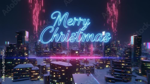 Sparkling Neon Lights Illuminate a Snowy Cityscape Under a Festive 'Merry Christmas' Greeting