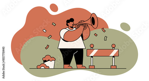 A modern flat vector illustration featuring a male musician playing a large brass horn enthusiastically. The character stands amidst falling confetti, positioned near an orange-striped construction ba