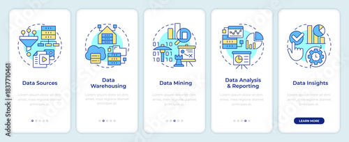 Business intelligence process onboarding mobile app screen. Walkthrough 5 steps editable graphic instructions with linear concepts. UI, UX, GUI. Montserrat SemiBold, Regular fonts used