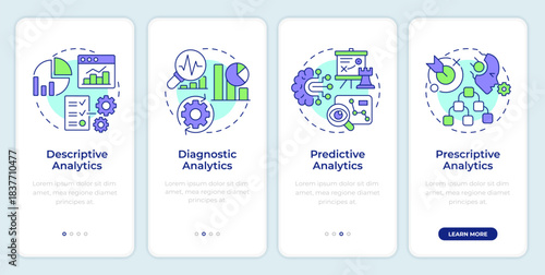 Business intelligence analysis onboarding mobile app screen. Walkthrough 4 steps editable graphic instructions with linear concepts. UI, UX, GUI. Montserrat SemiBold, Regular fonts used