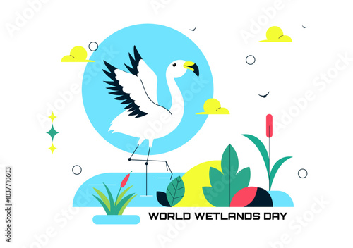 World Wetlands Day Vector Illustration on 2 February Featuring Stork Animals and Garden Background In Holiday Celebration Flat Cartoon Design