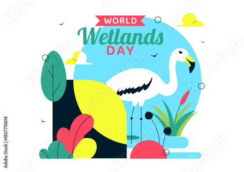 World Wetlands Day Vector Illustration on 2 February Featuring Stork Animals and Garden Background In Holiday Celebration Flat Cartoon Design
