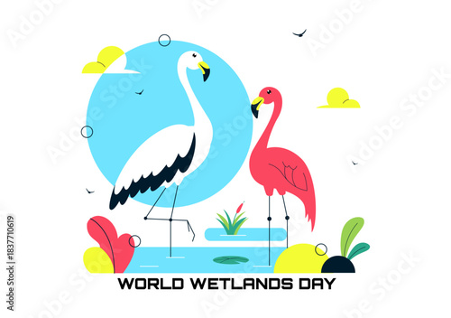World Wetlands Day Vector Illustration on 2 February Featuring Stork Animals and Garden Background In Holiday Celebration Flat Cartoon Design