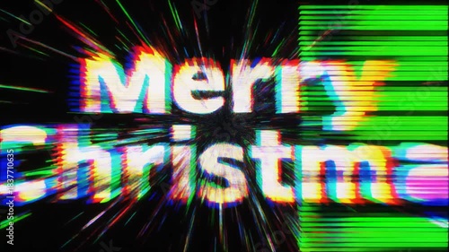 Merry Christmas Glitch Effect, Festive Greeting with Vibrant Colors and Dynamic Motion
