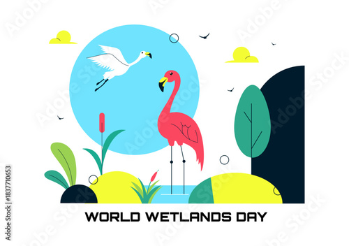 World Wetlands Day Vector Illustration on 2 February Featuring Stork Animals and Garden Background In Holiday Celebration Flat Cartoon Design