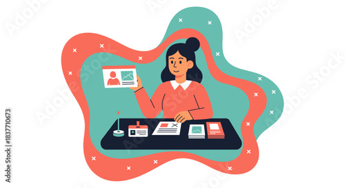 A focused flat design illustration featuring a female designer sitting at her workstation, actively presenting a user interface (UI) concept on a small screen or card. The vibrant vector image highlig