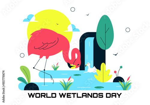 World Wetlands Day Vector Illustration on 2 February Featuring Stork Animals and Garden Background In Holiday Celebration Flat Cartoon Design