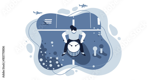 Drummer playing snare drum with sticks on stage. Top view flat vector illustration of musician practicing percussion instrument or marching band performance.