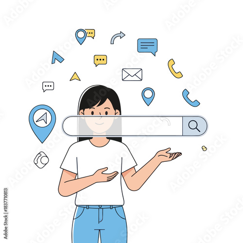Young woman with search bar and communication icons floating around her head.