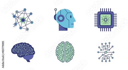 Modern icon set representing artificial intelligence, robotics, and advanced technology, featuring neural networks, machine learning, and digital innovation concepts