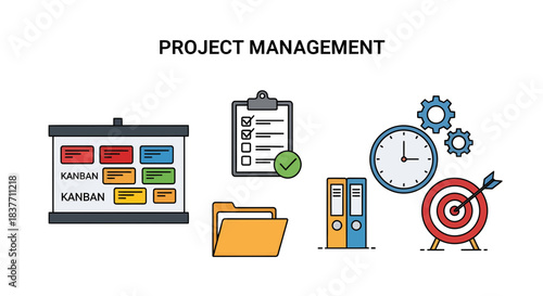Comprehensive Project Management Icon Set for Business Planning, Workflow Organization, and Task Tracking with Kanban, Checklists, and Goal Setting Visuals