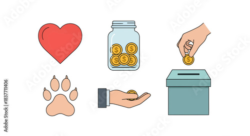 Collection of vibrant vector icons illustrating the themes of charity, financial donations, and animal welfare, perfect for conveying concepts of giving, community support, and humanitarian aid