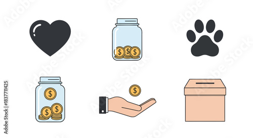 Inspiring vector icons for donation, charity, and community support, symbolizing heartfelt giving, financial assistance, and compassionate efforts for animal welfare and social good