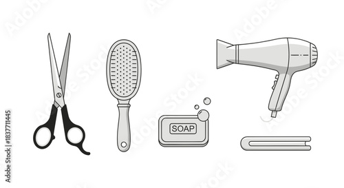 Diverse set of personal grooming and beauty salon tools hair scissors, brush, hairdryer, soap, and towels, illustrated in a clean line art icon style for modern hygiene concepts
