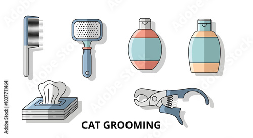Comprehensive set of cartoon-style pet grooming essentials for cats, featuring tools like combs, brushes, shampoo, wet wipes, and nail clippers for a healthy feline