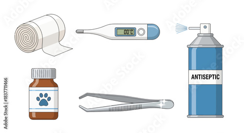 A comprehensive selection of essential veterinary first aid items for pet health and emergency care, including bandage, thermometer, antiseptic, medication, and tweezers