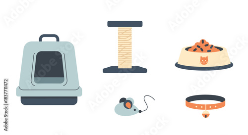 A curated set of domestic cat care essentials, featuring a litter box, scratching post, food bowl, playful toy, and a safety collar, for a happy feline companion