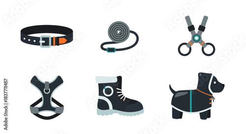 Essential dog accessories flat icons collection, showcasing pet care items such as collars, leashes, harnesses, boots, and apparel in a clean vector illustration style