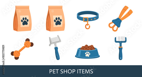 A comprehensive collection of essential pet care supplies and accessories, featuring nutritious food bags, a playful bone toy, a sturdy collar, and various grooming tools, promoting animal well-being