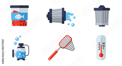 Flat icons for essential aquarium care, featuring equipment water filters, fish food, nets, air pumps, and thermometers to maintain healthy aquatic life
