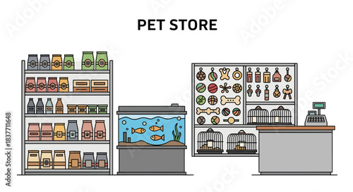 Detailed line art illustration of a modern pet store interior, highlighting a wide array of animal supplies, food products, an active fish aquarium, and a friendly service counter for pet owners