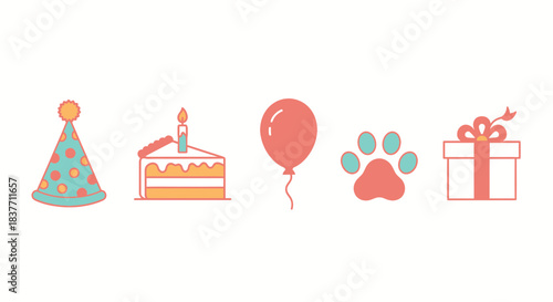 Cheerful birthday celebration icon pack party hat, cake, balloon, paw print, and gift box. A playful collection for joyous designs