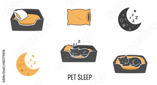 Illustrative flat vector icon set depicting pet sleep, comfortable animal beds, pillows, and nocturnal rest symbols for domestic animals