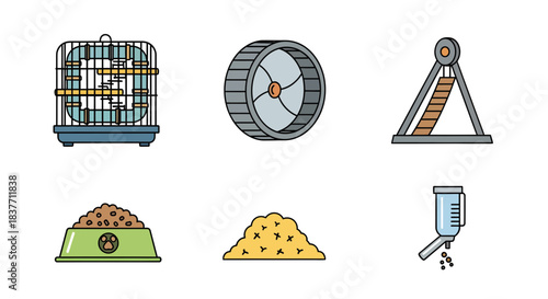 Collection of essential pet supplies and accessories for small domestic animals, featuring a bird cage, hamster wheel, food bowl, water feeder, and bedding, in a clean flat design style
