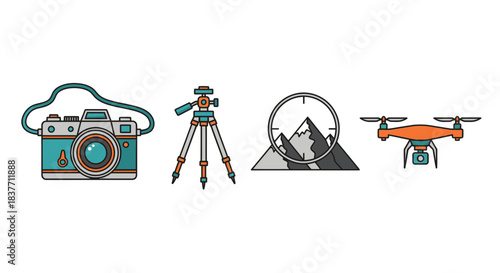Vibrant flat line icon set representing essential adventure travel and outdoor photography equipment featuring a vintage camera, sturdy professional tripod, scenic target mountain, and a modern drone