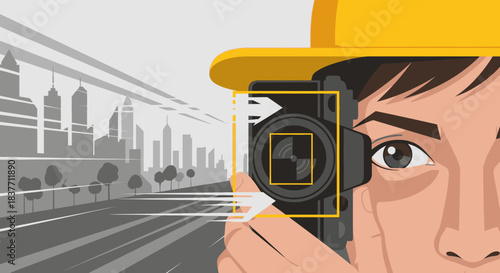 An engineer or surveyor in a hard hat uses a specialized camera or measuring device to capture data from an urban landscape.