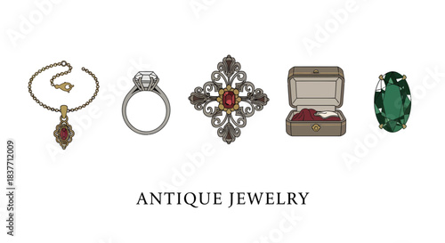Antique jewelry flat vector icon set elegant necklace, diamond ring, ornate brooch, gemstone, and a classic jewelry box on white background