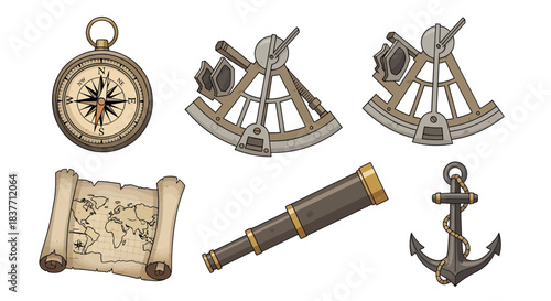 Comprehensive vector collection of classic nautical navigation tools and maritime adventure equipment, perfect for historical exploration and seafaring journey designs