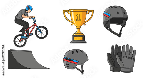 Dynamic Vector Set for BMX Freestyle Sports Featuring a Rider, Bike, Protective Helmets, Safety Gloves, a Jump Ramp, and a Victorious Championship Trophy Collection