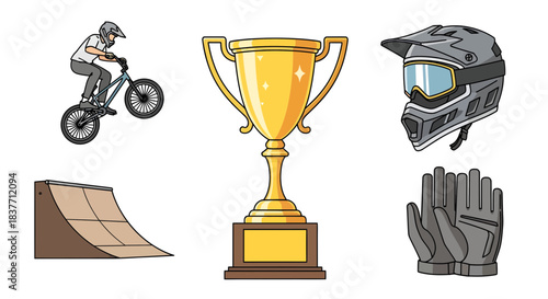 Vector collection of extreme sports equipment, including a BMX rider, helmet, gloves, jump ramp, and a trophy, perfect for competition and athletic achievement themes