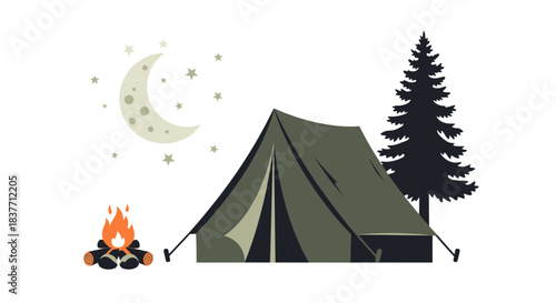 Flat vector icon of a serene camping night scene with a tent, glowing campfire, crescent moon, stars, and a pine tree silhouette, for outdoor adventure and travel themes