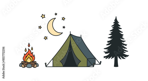 Vector illustration of an idyllic night camping adventure featuring a comfortable tent, warm campfire, majestic pine tree, and sparkling stars under a crescent moon