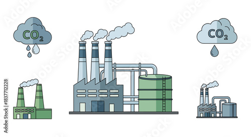 Illustrations of various industrial factories with smokestacks emitting carbon dioxide into the atmosphere, representing air pollution, environmental impact, and climate change concerns
