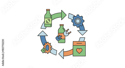 Vector illustration depicting the circular economy of bottle recycling, showcasing the process of collection, industrial processing, and responsible reuse for a sustainable environmental future