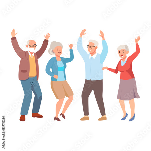 Set of characters of elderly happy people. Mature men and women rejoice and dance, demonstrate gestures of approval and jubilation, seniors are ... See More