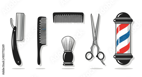 Set of classic barbershop tools including a straight razor, two combs, shaving brush, scissors, and an iconic barber pole for vintage hair care and styling concepts